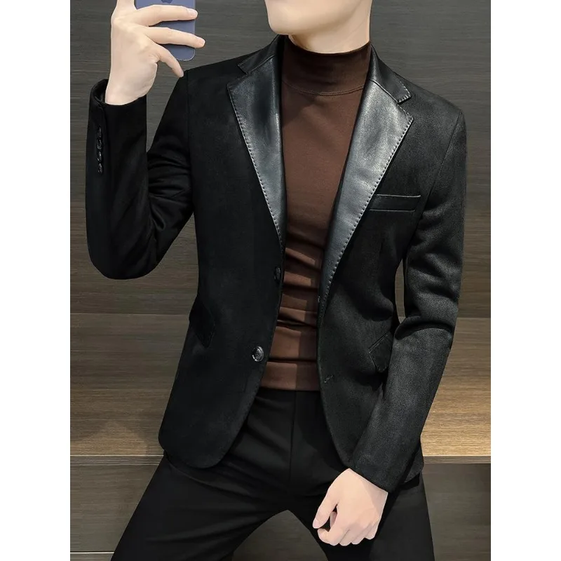 

Deerskin Casual Blazer Men's Autumn and Winter New High-end Pu Leather Stitching Winter Suit