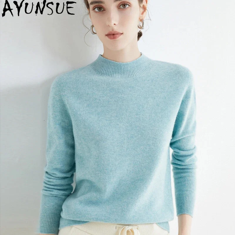 

Cashmere AYUNSUE Sweater One-Line Ready-To-Wear Ladies 100%Wool Pullovers Casual Knit Autumn Tops Female Inside Jumper