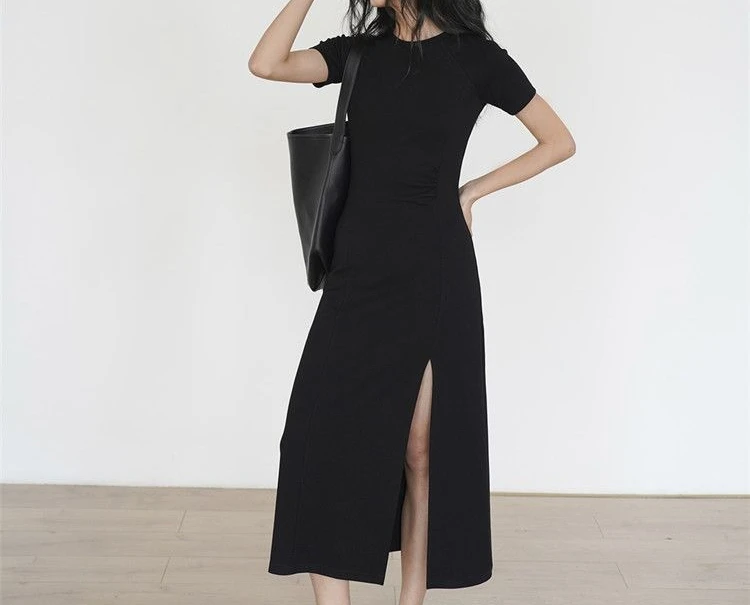 Split Open Figure Short Sleeved Dress for Women's Summer New Mid To Long Style, Waist Cinching Design, Slim Fit Temperament
