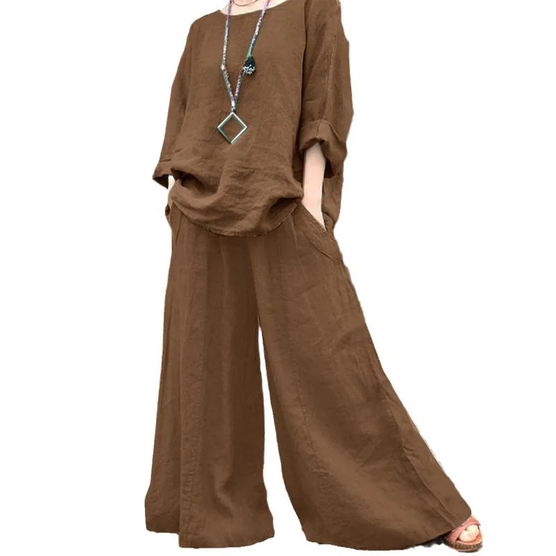 Abito casual in cotone e lino tinta unita da donna girocollo camicia a maniche lunghe pantaloni a gamba larga abito da donna allentato retrò autunnale in 2 pezzi