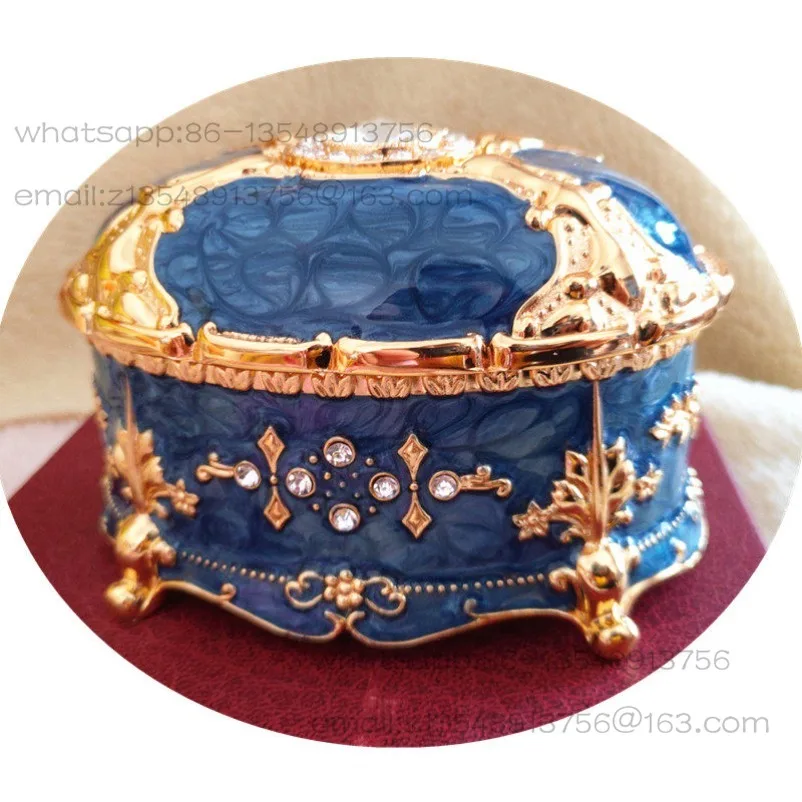 k4-錫金属綿棒ジュエリーボックス絶妙なホワイトダイヤモンドオーバルプノンペンダークブルーラージ