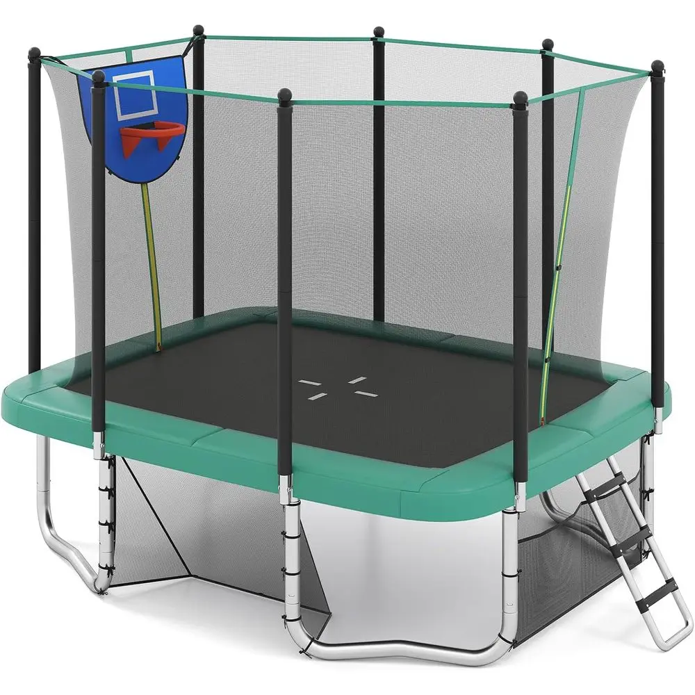 

10x8 Toddler Trampoline with Basketball & Soccer Goal, Non-Slip Ladder, Enclosure Net for Kids & Adults