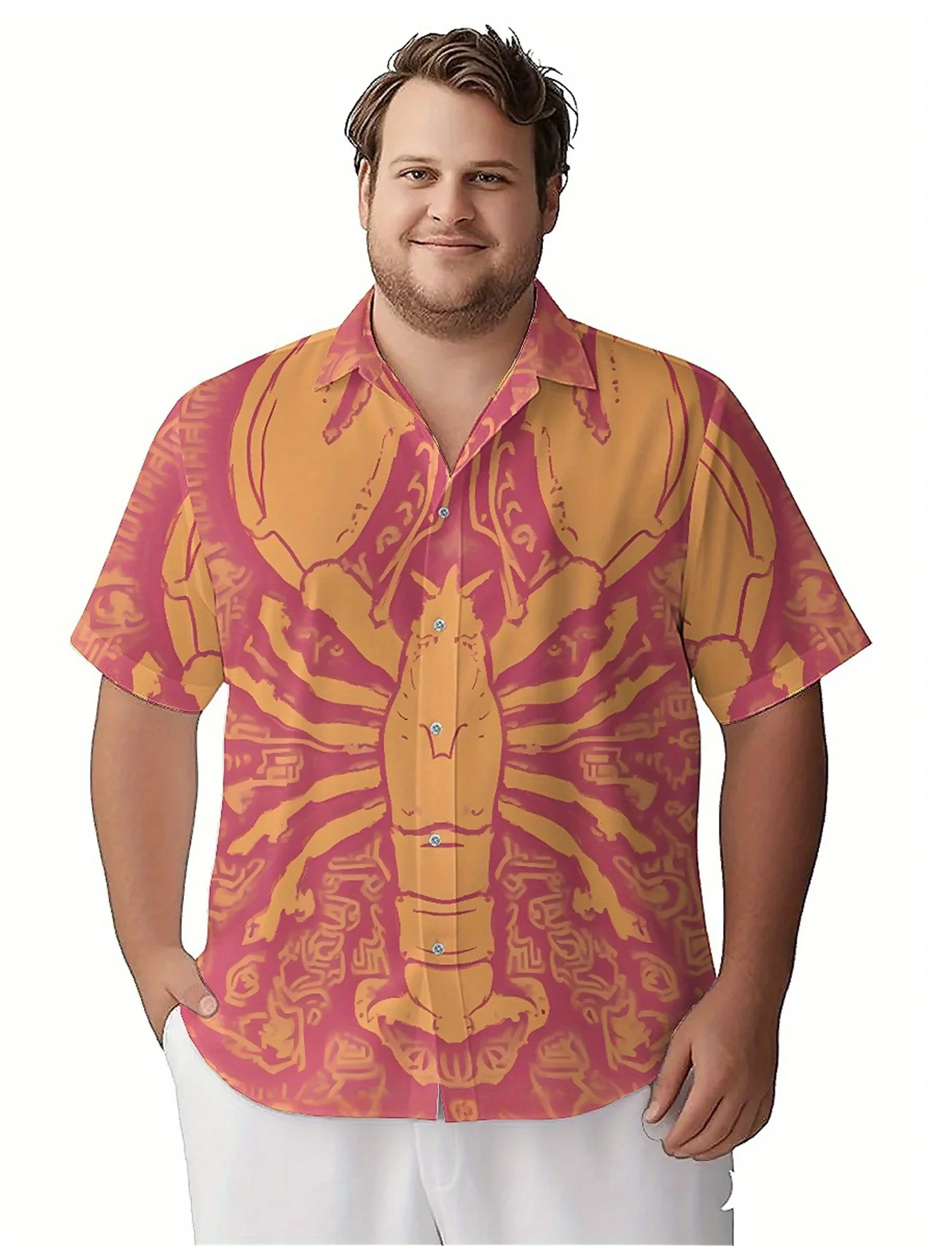 Men's Plus Size Hawaiian Shirts Lobster Theme Pattern, Button Up Shirts, Unisex Casual Clothing, Summer Tops