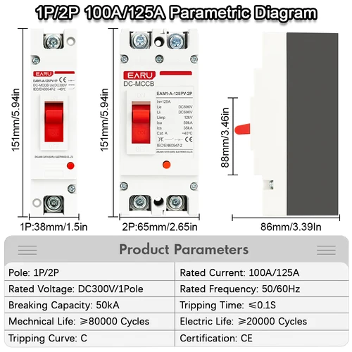 Imagen 2 del producto Disyuntor de caja moldeada Solar DC 300V 600V DC MCCB Protector de interruptor de protección contra sobrecarga para Solar fotovoltaico PV 125A 250A
