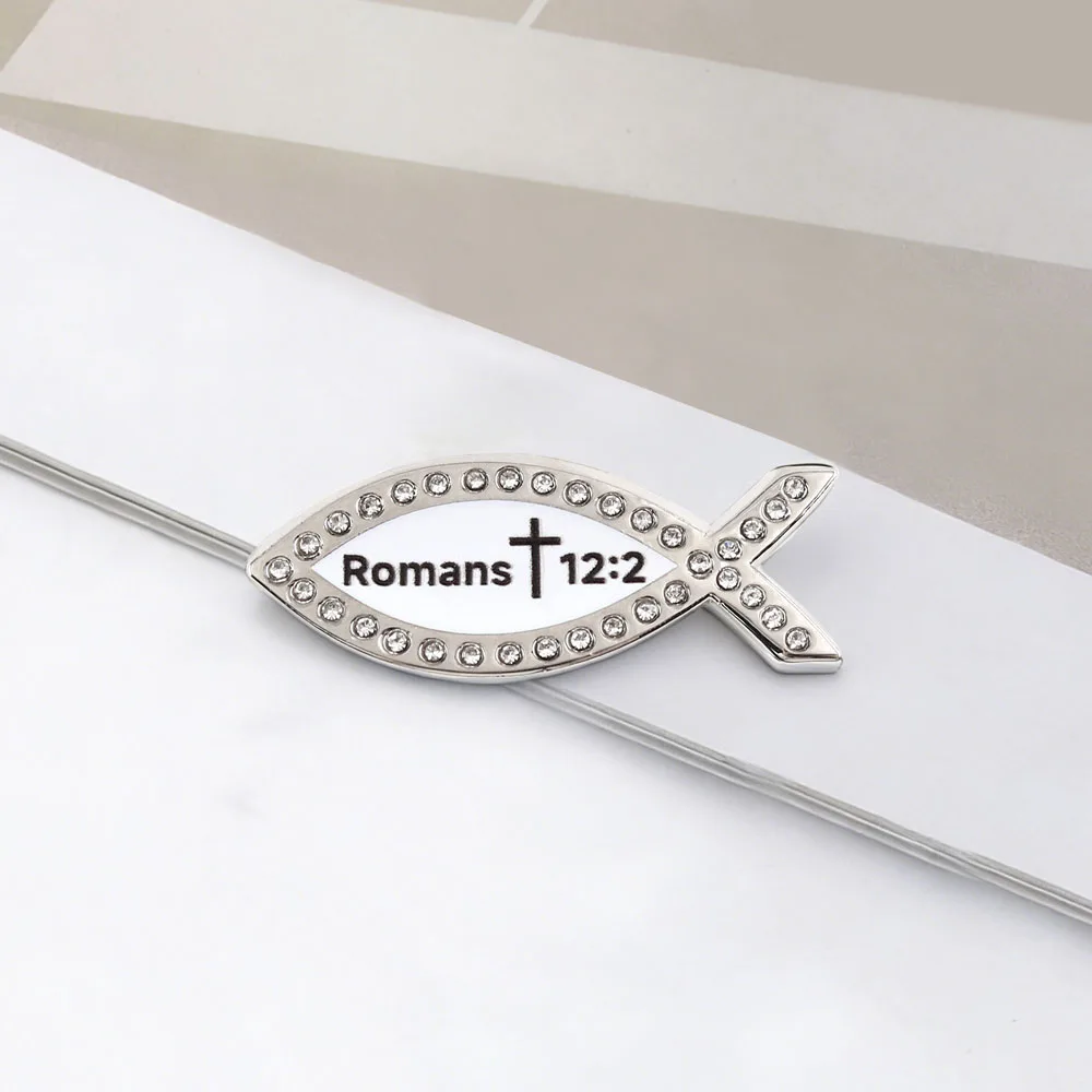Römer 12:2 Bibelvers Emaille-Pin Christliche Jesus-Fisch-Brosche mit Strass-Kristall Ichthys-Abzeichen Religiöser Schmuck Geschenk für – Detail 8