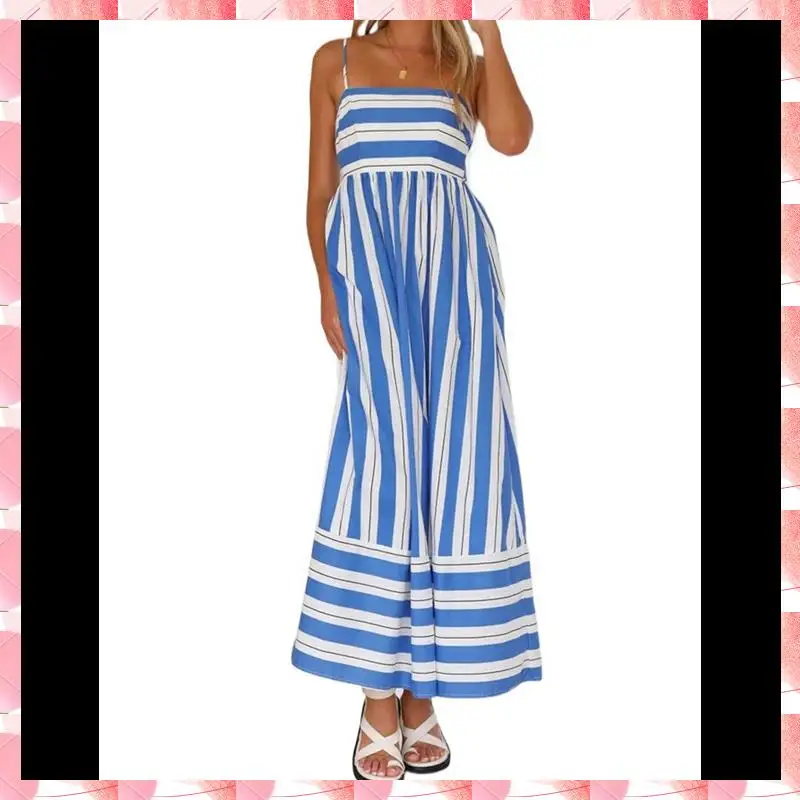 Robe longue smockée au dos rayé pour femme, bretelles spaghetti découpées, robe longue trapèze fluide
