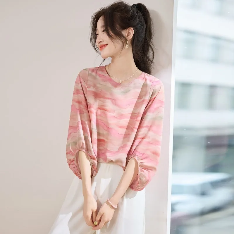 Women's Watercolor Print Chiffon Blouse Lantern Sleeve Casual Loose Summer Top