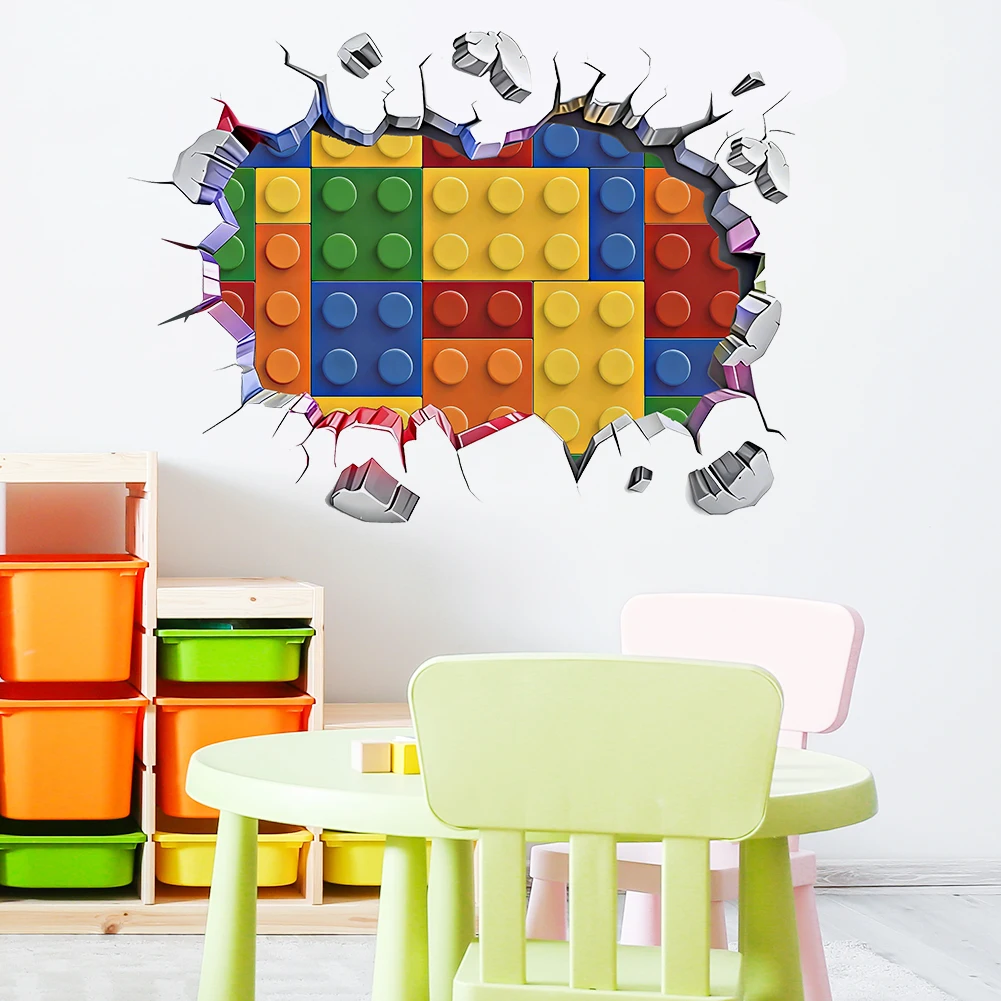 Adesivos de Blocos de Construção de Parede Quebrada, Decalques de Vinil Coloridos de Tijolos Lego para Quarto Infantil, Quarto de Criança, Sala de Brincadeiras, Decoração de Arte Removível