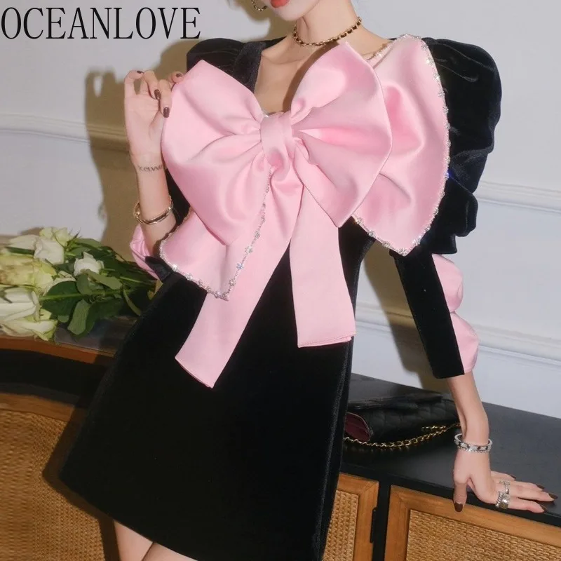 OCEANLOVE Evening Dresses for Women Puff Sleeve Big Bow Pink Vintage Spring Autumn Vestidos Mujer Sweet Elegant Mini Dress