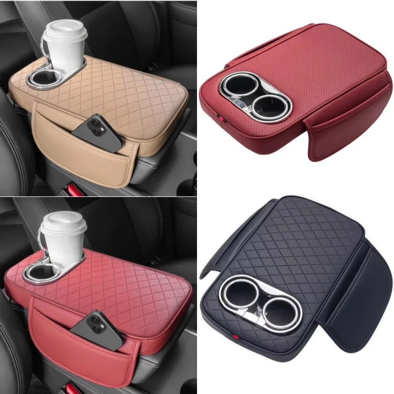 Car Center Console Armrest Cushion With 2 Cup Holder and side pocket PU Leather Auto Amrest heighten Pads Car Arm rest Cover