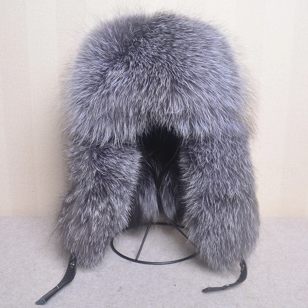 100%Genuine Leather Real Fur Hat for Women Natural Silver Fox Fur Russian Ushanka Hats Winter Thick Warm Ears Fashion Bomber Cap