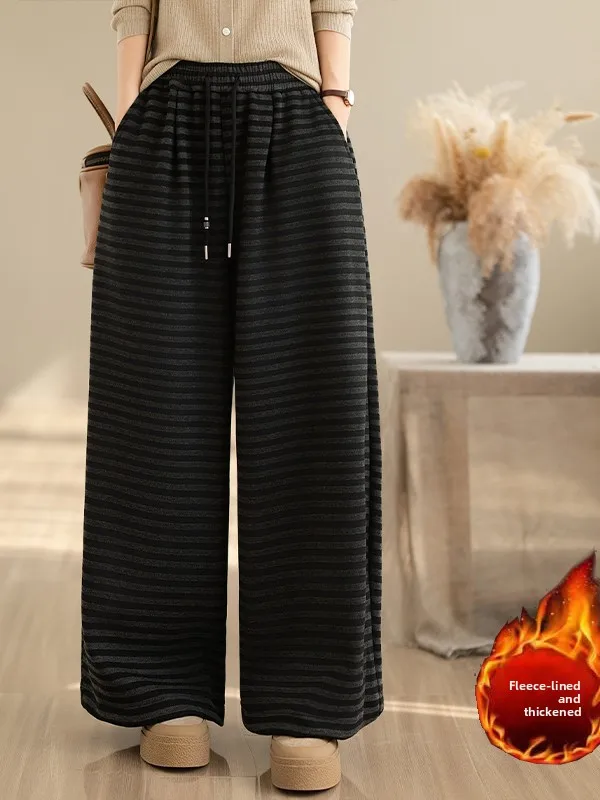 Thickened Fleece Wide Leg Pants Women's Casual Stripe Straight Cut Winter Lazy Style plus Size Drapey Versatile Loose Long Tr...