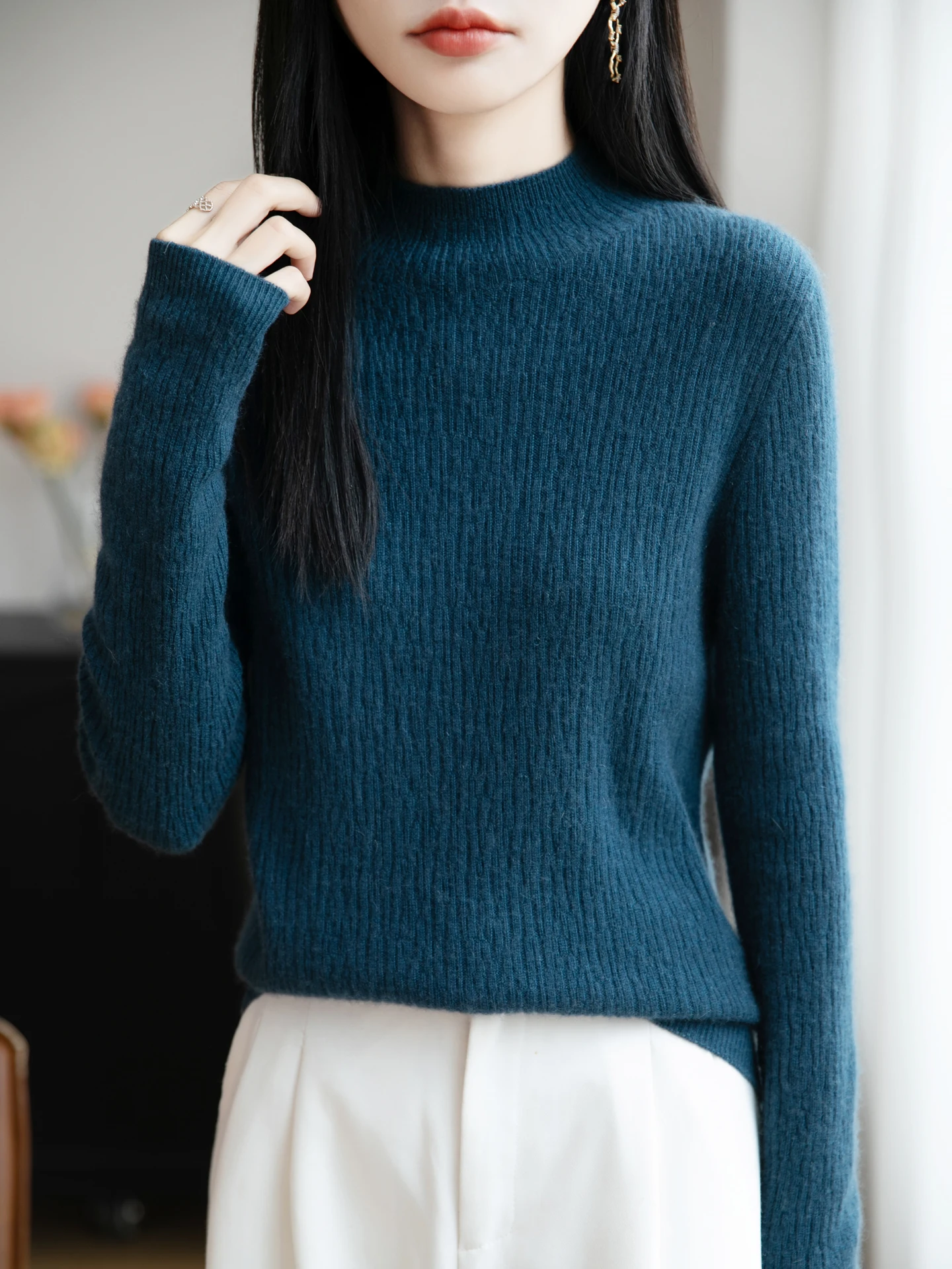 

Осень-зима, женский свитер из тонкой шерсти, пуловер с воротником-стойкой, трикотаж с длинными рукавами, одежда, топ без зуда для фестиваля