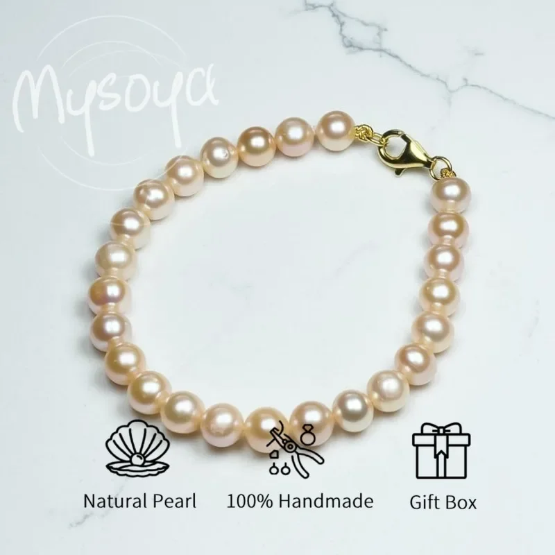 

MYSOYA Pink Freshwater Pearl Bracelet 6-7mm With Gift Box For Her/Him Birthday/Wedding/Christmas/New Year/Valentine's Day Gift
