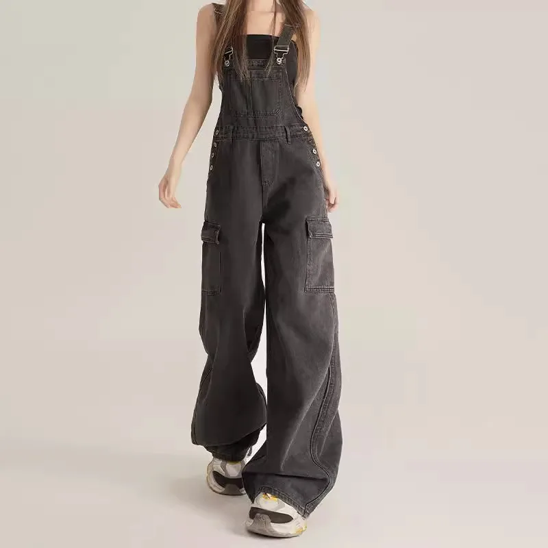 Vintage Black Gray Cargo Denim Overalls Women New Loose Casual Wide Leg Jumpsuit Straight Trousers