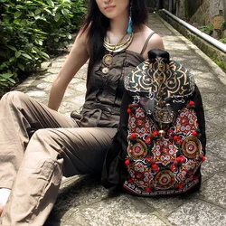 Hot Bohemia women backpack Embroidery Ethnic bag Handmade Vintage bags Black canvas Travel Backpack