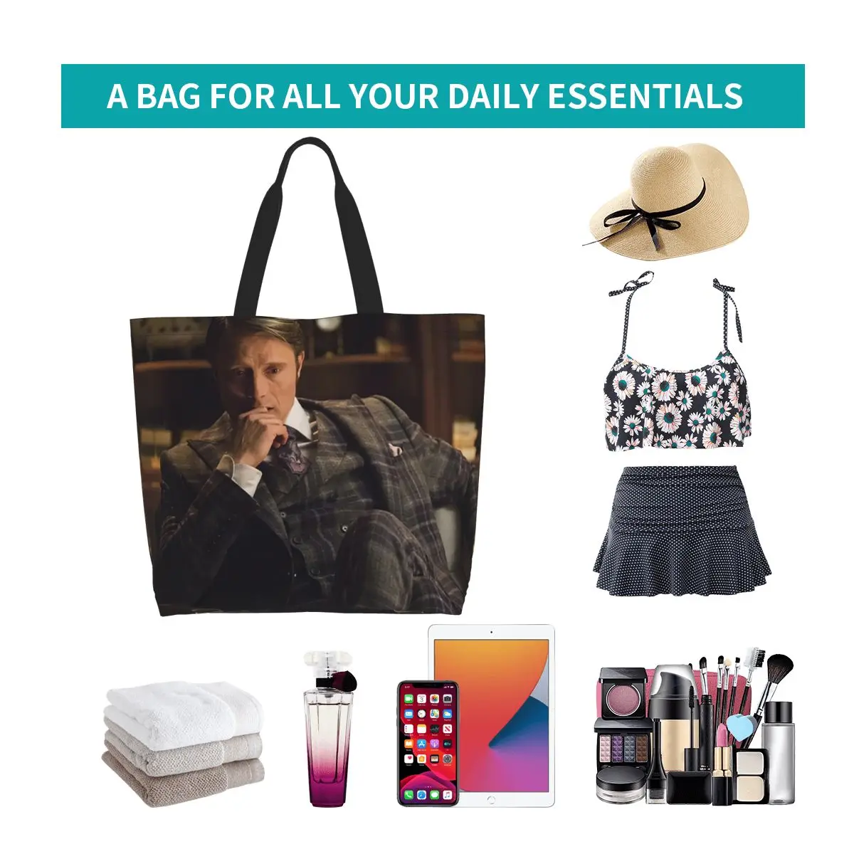Mads Mikkelsen Hannibal Lecter TV Shopping Tote Bag Canvas Large Capacity Shoulder Bags Shopper Grocery Handbag for Women