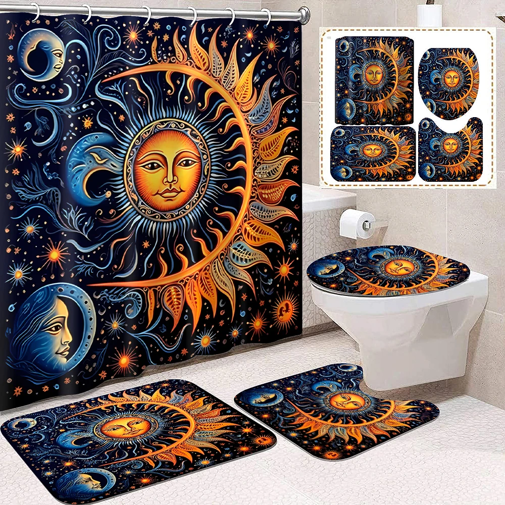 1 set of orange sun blue moon printed shower curtains with 12 hooks and bathroom floor mats