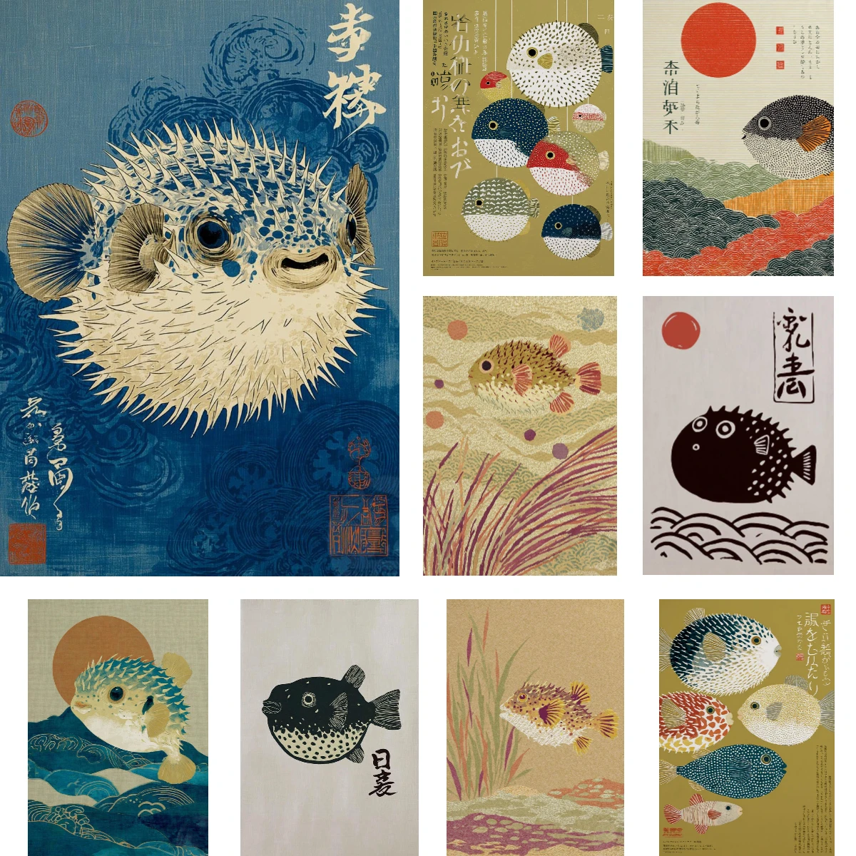 Cartoon Pufferfish Vintage Home Canvas Paintings Decoration Colorful Japanese Style Art Posters Wall Bedroom living room decor