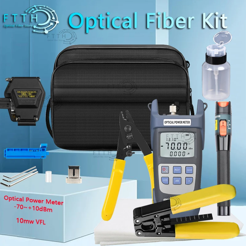 

FTTH Tool Kit -70~+10dBm Optical Power Meter 10mw Visual Fault Locator Fiber Cleaver CFS-3 Wire Strippers Fiber Kit