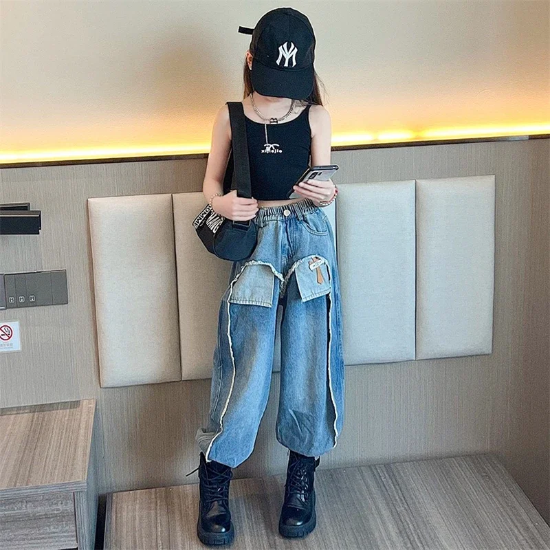 American Street High Waist Wide Leg Pants Kids Girls Fashion Contrast Pocket Ripped Jeans Casual Hippop Children Autumn Trousers