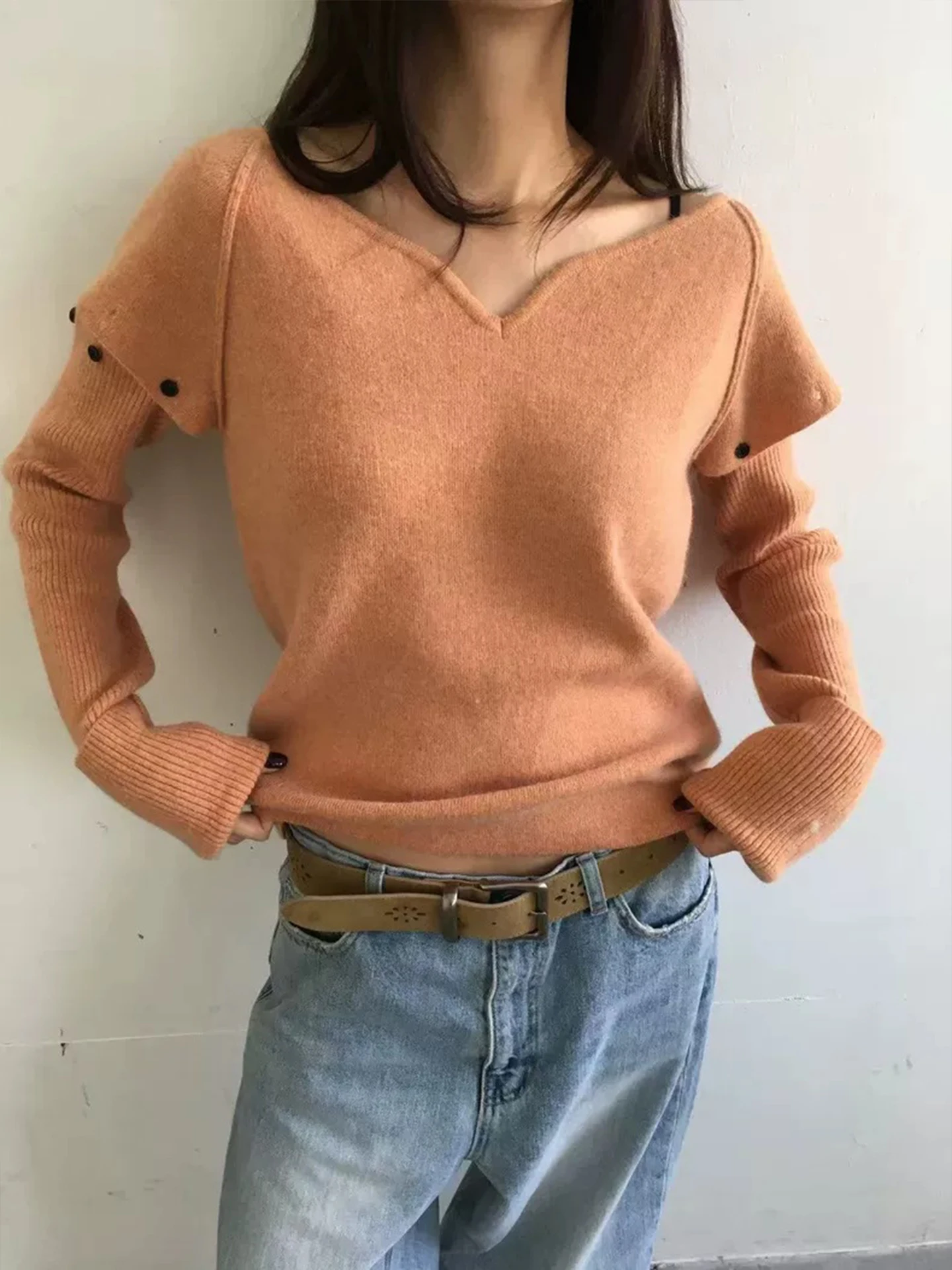 MOSA Women's Knitted Sweater Set Loose Fit round Ne Detachable Sve Casual Sle Long Sve Top Two-Piece Ensemble