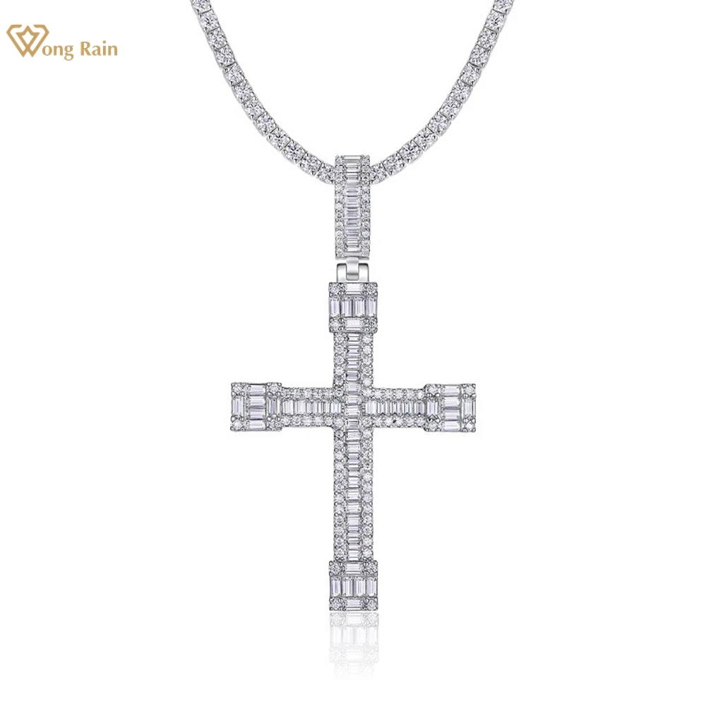 Wong Rain Hip Hop Rock 925 Sterling Silver VVS1 3EX D Real Moissanite Diamonds Gemstone Cross Pendant Necklace Fine Jewelry GRA