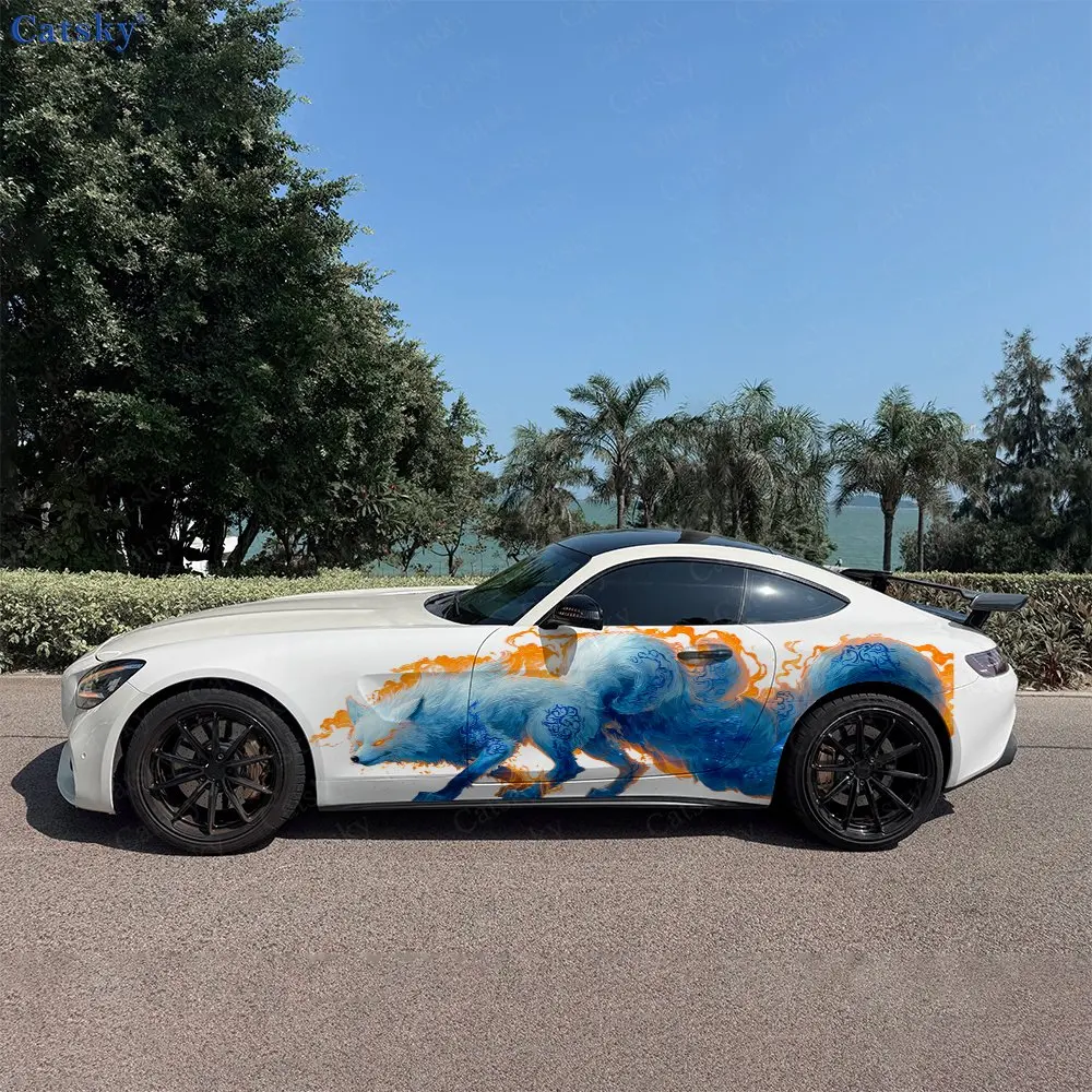 2pcs Blue Pattern Galloping Fox Car Side Wraps, Self-Adhesive PVC Waterproof & Scratch-Resistant Stickers, Car Accessory Gift