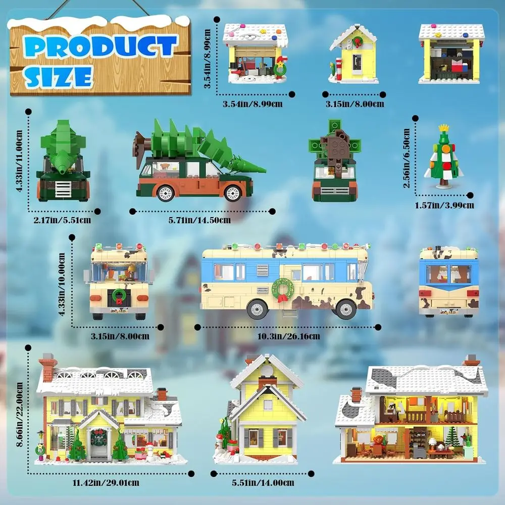 Kit di costruzione del villaggio di Natale 4 in 1: casa delle vacanze, camper, camioncino e garage (2056 pezzi) - Compatibile con LEGO