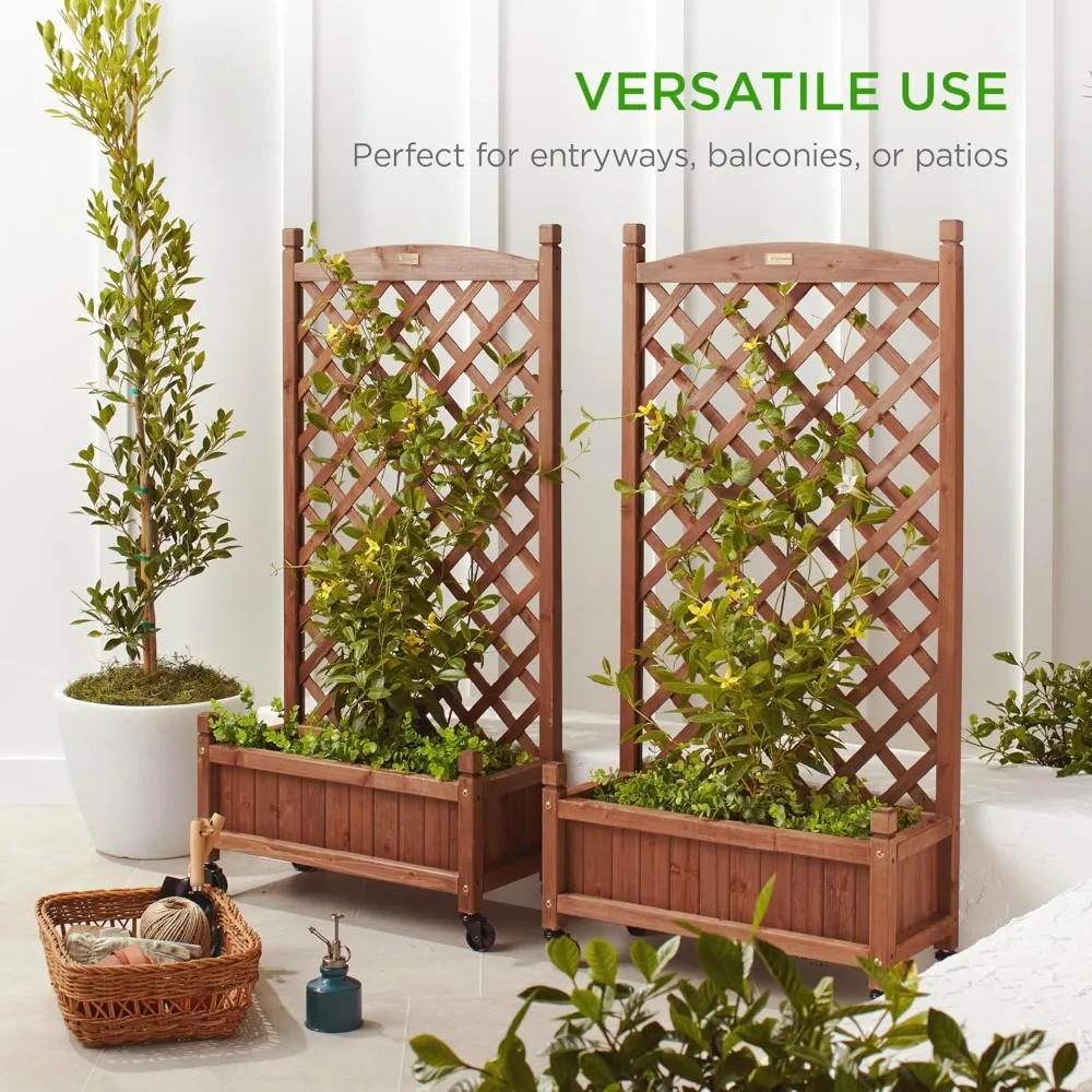 

Set of 2 48in Wood Planter Box & Diamond Lattice Trellis, Mobile Outdoor Raised Garden Bed, Customized