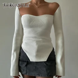 TWOTWINSTYLE Solid Slimming Temperament Top for Women Square Neck Long Sleeves Minimalism Irregular Knit Pullover Female Clothes