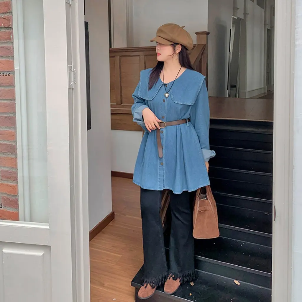 เสื้อเชิ้ตยีนส์ทรงเอวเข้ารูปสไตล์เกาหลีย้อนยุคสำหรับสาวอวบ ไซส์ใหญ่ รุ่น L177 คอลเลคชั่นฤดูใบไม้ร่วงของ Shuangtian ขายส่ง