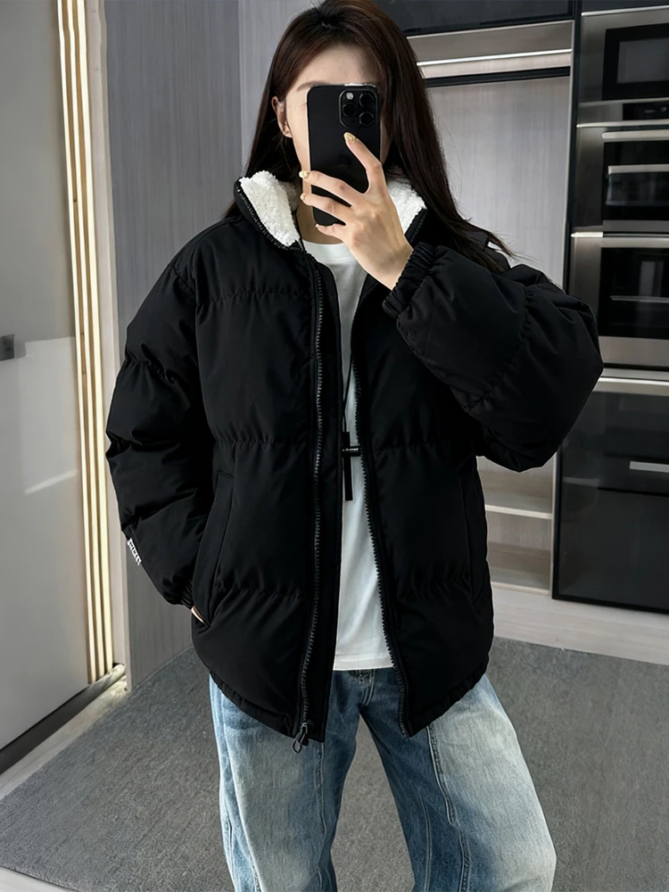 

Bla ort Lamb Fur Lined Thiened American Sle Cotton Jaet ex Stand Collar Warmth Bread Youth Casual Winter Coat