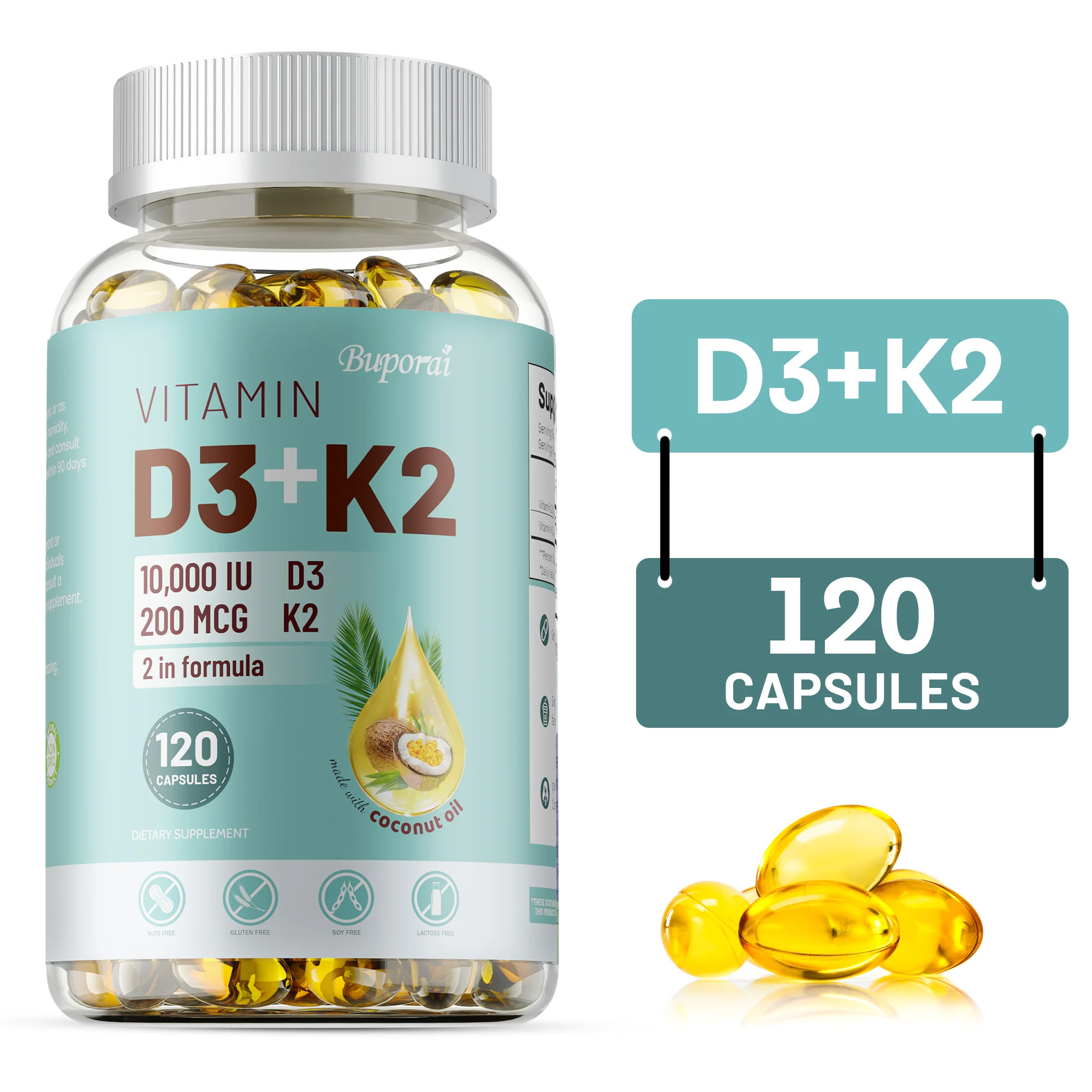 

Vitamin D3+K2 - Organic Coconut Oil - Calcium Absorption, Supports Teeth, Bones, Heart & Joint Health, Enhance Immunity