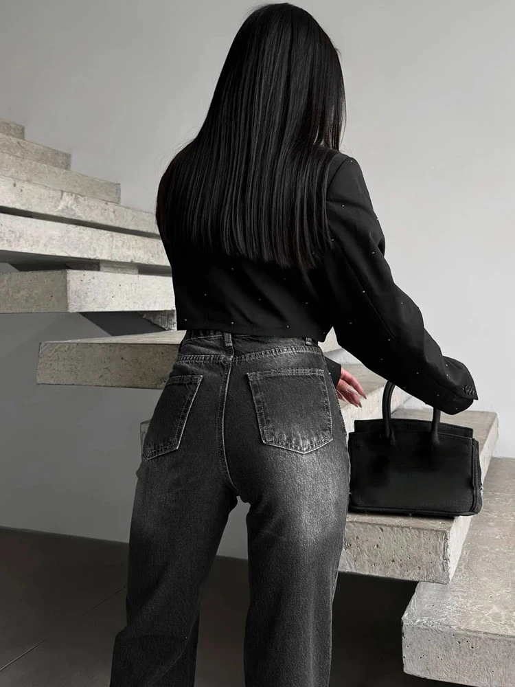 BKQU Vintage Straight Leg Jeans Women's High Waist Side Slit American Style Chic Distressed Loose Denim Pants Casual Streetwear