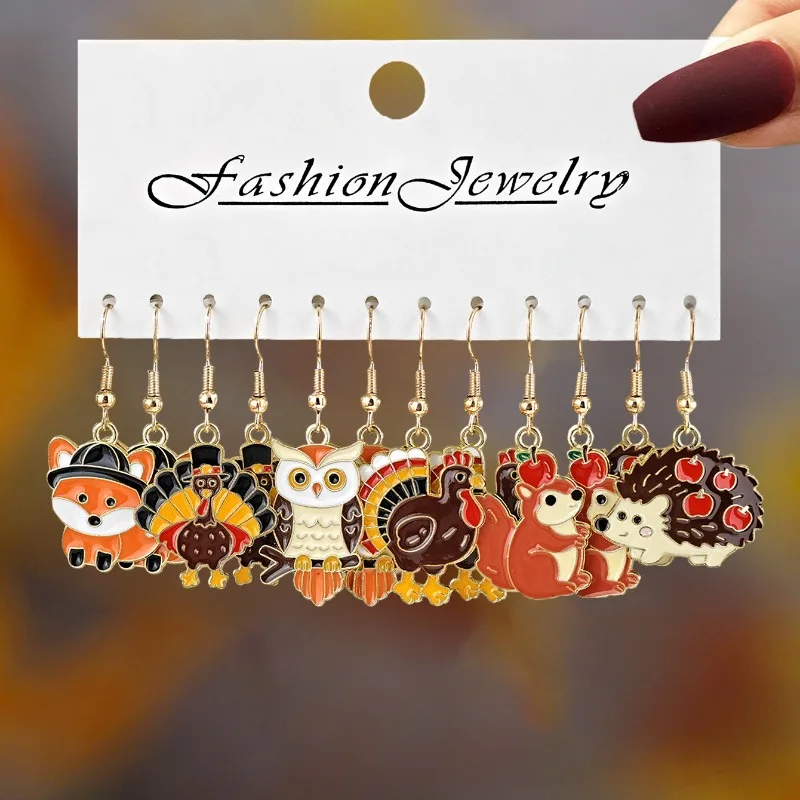 Multi Piece Thanksgiving Earrings Female Personalized Creative Alloy Squirrel Turkey Pumpkin Drip Oil Earrings Female