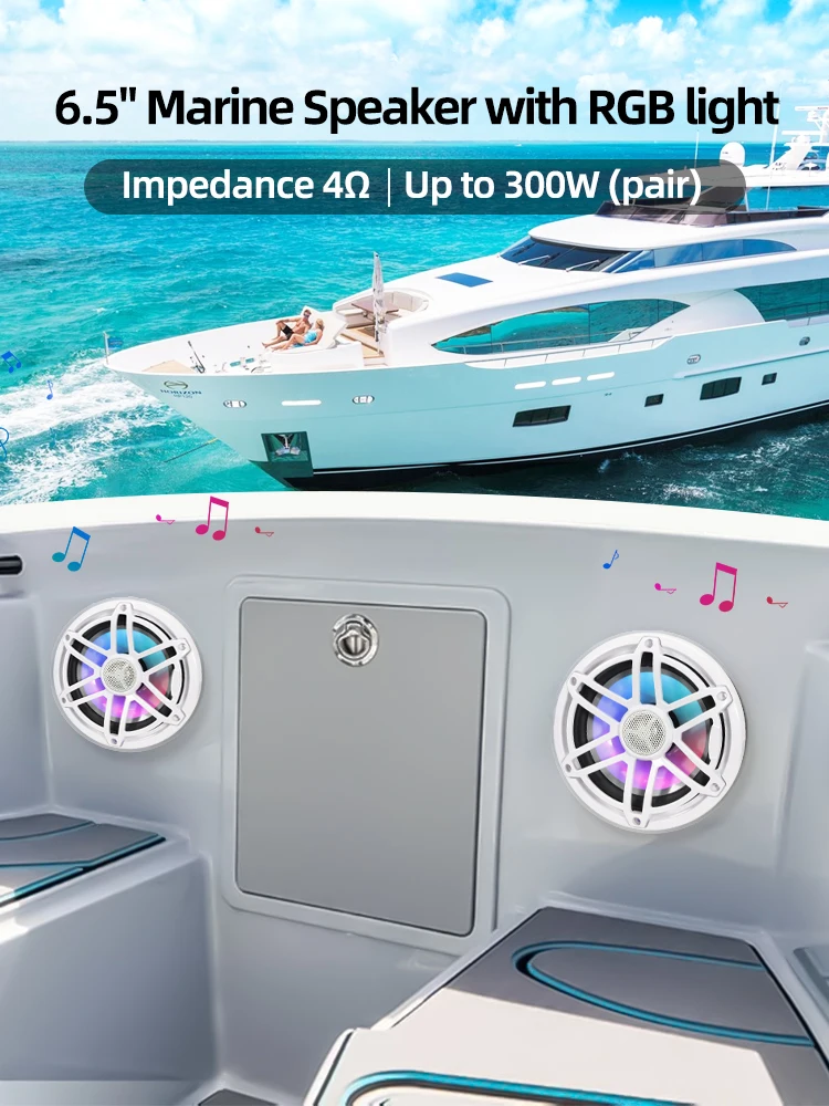 2 Stück 6,5 Zoll Marine-Lautsprecher mit RGB-Beleuchtung 300W Wasserdichte IPX67 Lautsprecher für Yachten Golfwagen Wohnmobile ATV UTV Sauna Motorboote
