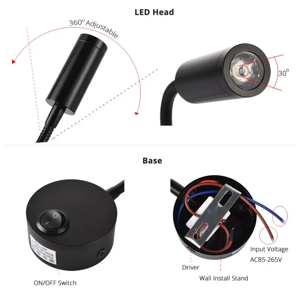 Lampe murale LED 3W moderne, chambre à coucher, chevet, lecture, étude, livre, lumière noire et argentée, corps, applique murale, prise EU US, cordon