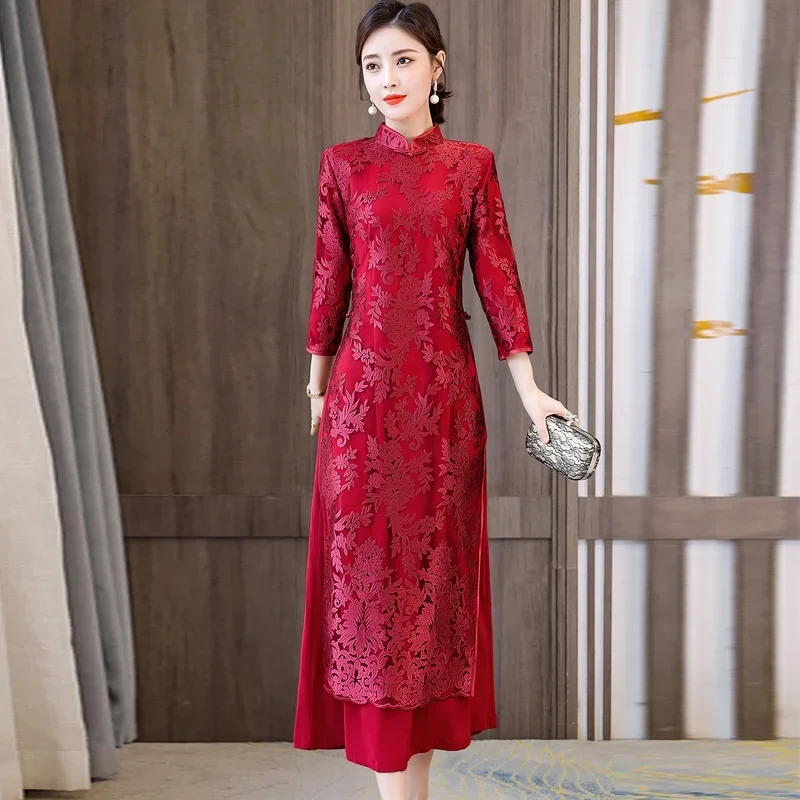 Red Wine Long Wedding Qipao Women Oriental Slim Modern Retro Party Cheongsam Chinese Traditional Dress Elegant China Clothes 4XL