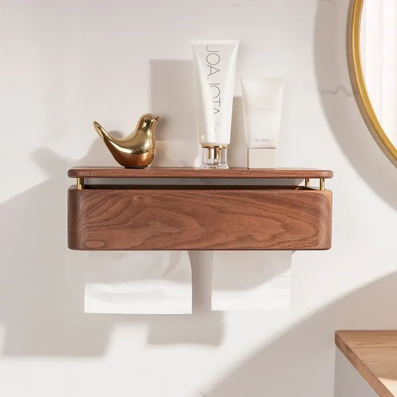 Solid Wood Toilet Paper Holder Wall Mounted Waterproof Tissue Box No Drilling Bathroom Roll Storage Rack Home Decor Accessory