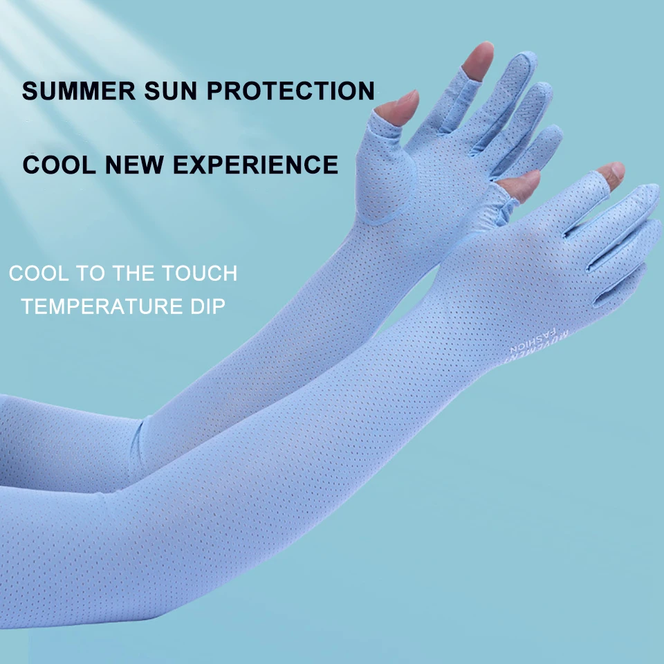 KoKossi 1Pair Summer Sunscreen Ice Silk Long Full Arm Sleeves Two Finger Gloves Breathable Sports Driving Sleeve For Men Women