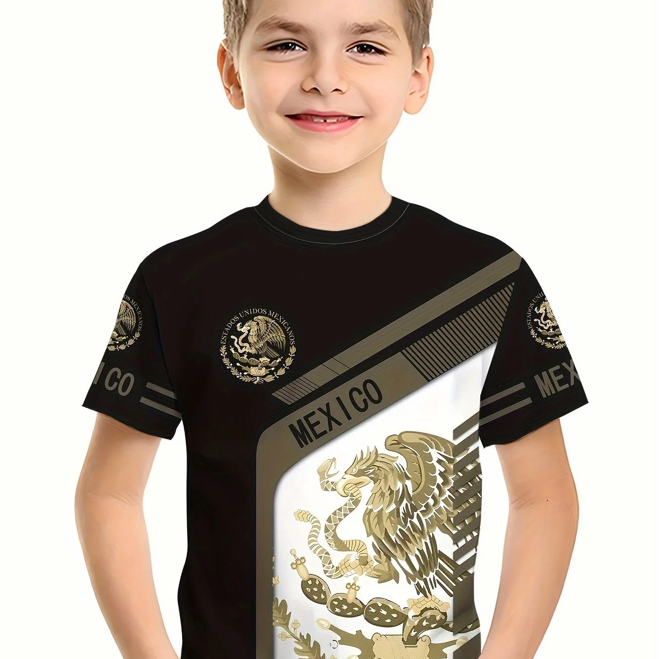 Camiseta con estampado gráfico 3d de bandera de México para niños, ropa de manga corta, colores vibrantes, moda de verano, perfecta para ropa informal