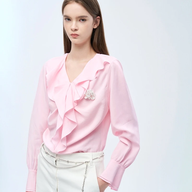 

Ele Korean Sle Sweetened V-Ne irt Blouse with Lace Trim for Gentle Date Versatile Spring Faion Ladies' irt