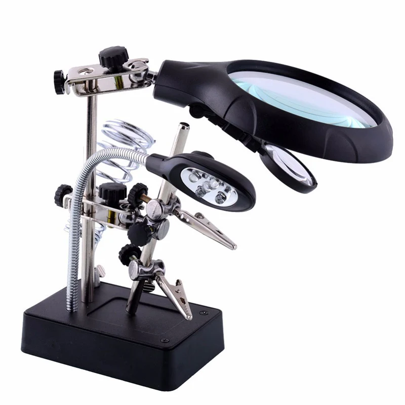 Welding Magnifying Glass Clamp 5 LED Light Auxiliary Clip Hand Soldering Solder Iron Stand Holder Station Magnifier phone Tool