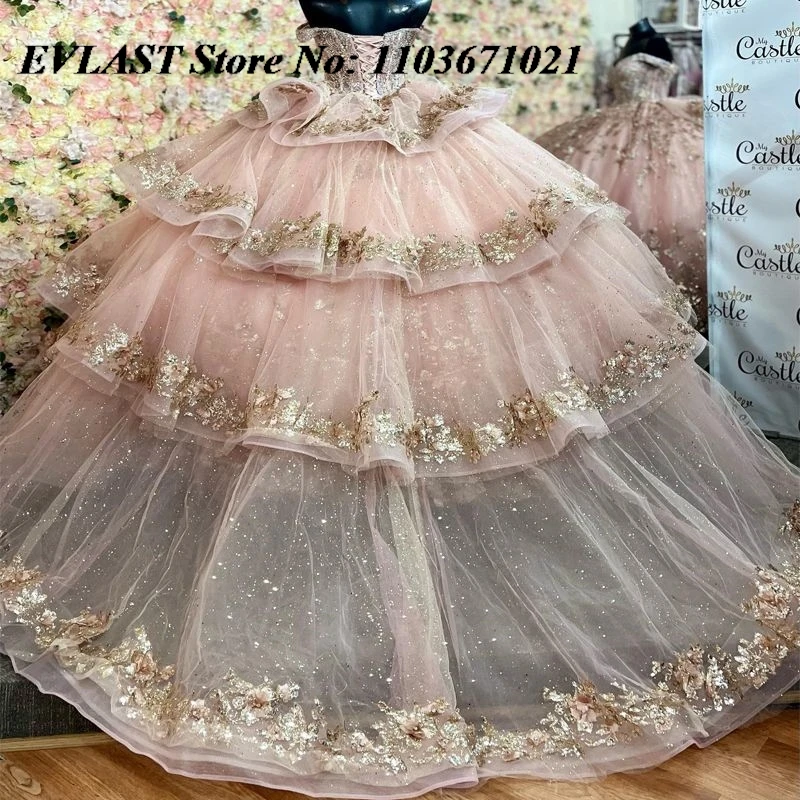 EVLAST Customized Pink Quinceanera Dress Ball Gown Gold Applique Beading Tiered Corset Sweet 16 Vestidos De XV 15 Anos SQ10