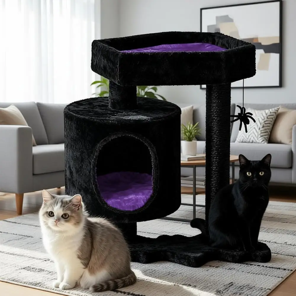 

Gothic Cat Tree with Coffin Bed, Cat House, Scratching Posts, Shelves, Spider Toy, Black and Violet Small