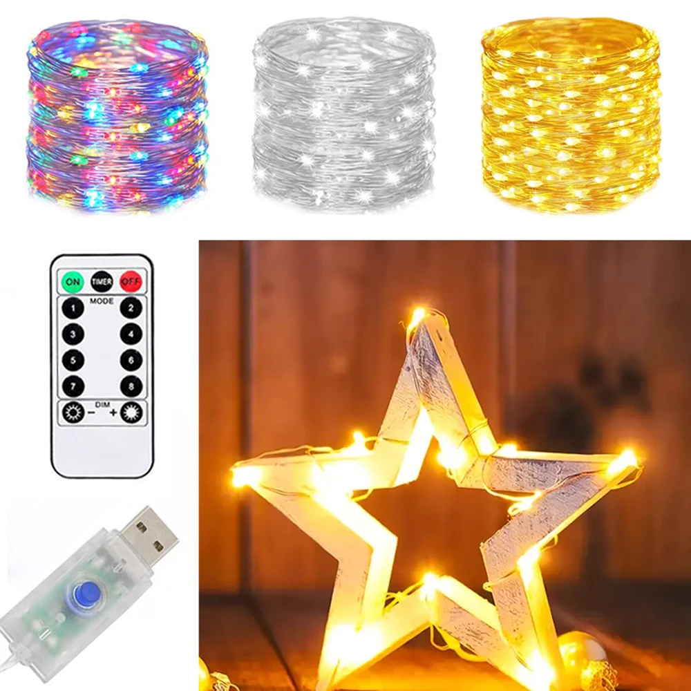 Copper Wire Silver Wire String Lights USB Plug 8 Modes LED DIY Light with Remote Decor Party Wedding Birthday Room 20M/10M/5M/2M