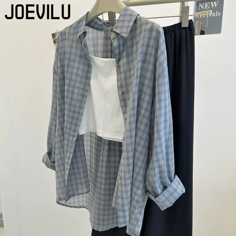 

JOEVILU Women's Plaid Shirt Summer Sun Protection Casual Lightweight Button Front Loose Cardigan Y2k Cover Up Top for Sun & AC