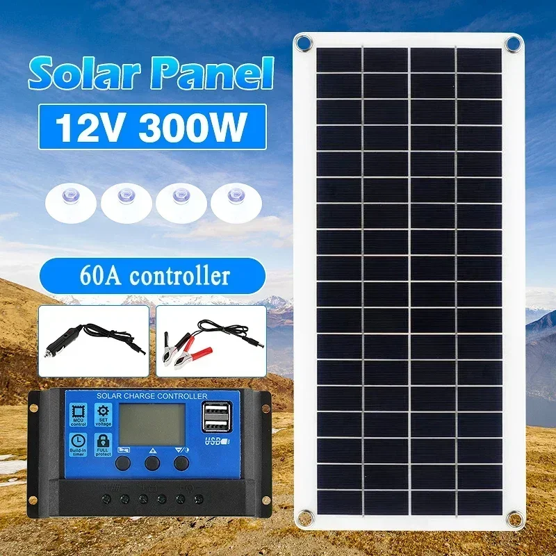 300 W Solarpanel mit 60 A Controller, 12 V tragbare Outdoor-Stromversorgung, Ladeplatine, Photovoltaik, volles Smart-Armaturenbrett