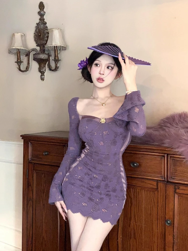 

Pure Desire сексуальное кружевное фиолетовое платье с квадратным воротником женское осеннее расклешенное платье све с талией Inward ort облегающая юбка